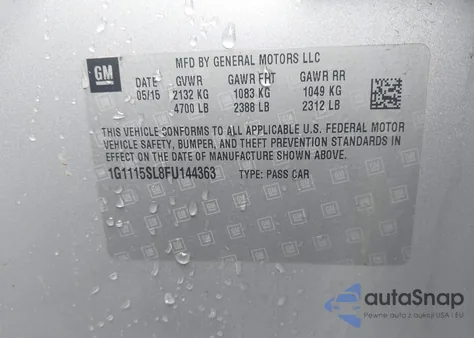 2015 Chevrolet Impala 1Lt from USA, damaged, VIN 1G1115SL8FU144363